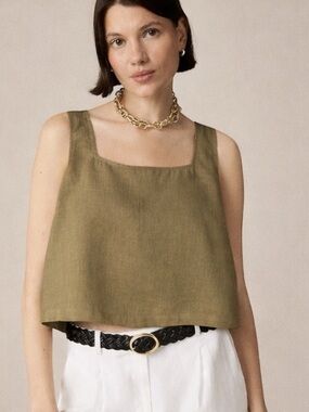 J. Crew Square-Neck Linen Tank Top in Olive Green L